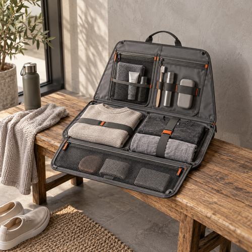 Atlas Foldout Travel Bag in a realistic travel setting